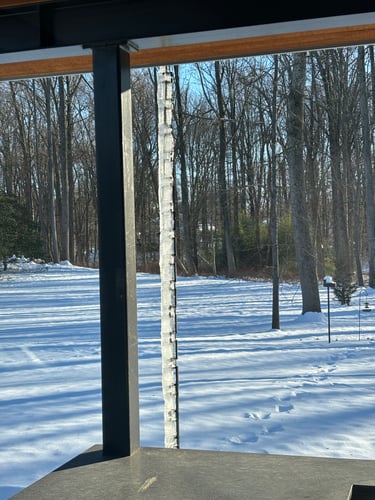Modern Custom Home by AV Architects and Builders in Great Falls Virginia in the wintertime with snow modern rain chain covered in ice