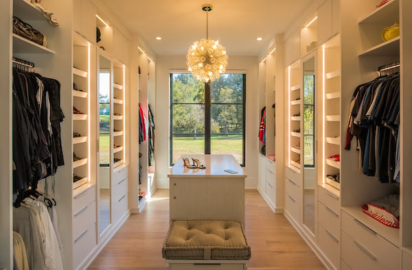 Luxury Walk In Closet in Custom Modern Farmhouse Home by AV Architects and Builders in Great Falls Northern Virginia