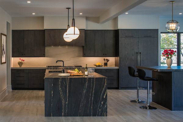 Black Kitchen Open Concept Floor Plan Modern Style Custom Home by AV Architects and Builders in Great Falls Northern Virginia