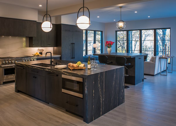 Black Kitchen Open Concept Floor Plan Modern Style Custom Home by AV Architects and Builders in Great Falls Northern Virginia