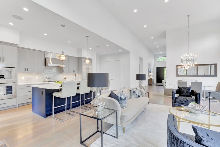 Main Level Living Modern Custom Home by AV Architects and Builders in Northern Virginia Falls Church Tysons Corner Luxury Living Room Great Room Open Concept Floor Plan