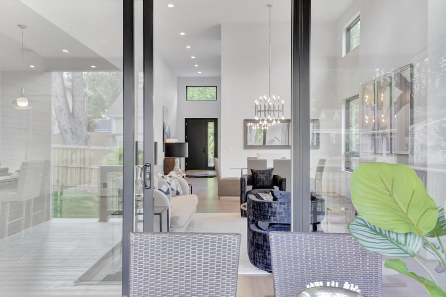 Main Level Living Modern Custom Home by AV Architects and Builders in Northern Virginia Falls Church Tysons Corner Luxury Living Room Great Room Open Concept Floor Plan