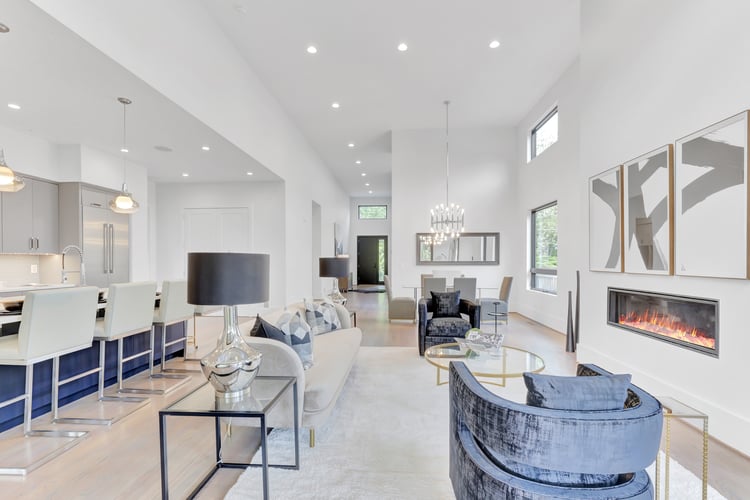 Main Level Living Modern Custom Home by AV Architects and Builders in Northern Virginia Falls Church Tysons Corner Luxury Living Room Great Room Open Concept Floor Plan