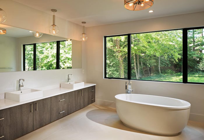 Modern Bathroom Statement Tub Bath Tub Large Windows Custom Home in McLean Virginia Northern Virginia by AV Architects and Builders