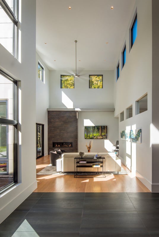 Tall Ceiling in Great Room of Modern Style Custom Home by AV Architects and Builders in Great Falls Northern Virginia