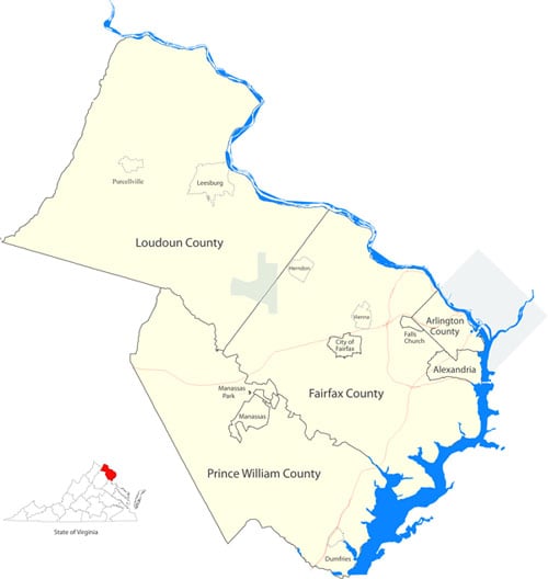 Map of Northern Virginia Fairfax County Loudon County Great Falls McLean Arlington Leesburg Vienna Reston