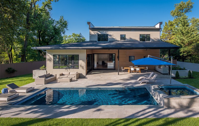 Outdoor Pool at Modern Style Custom Home with Solar Panels by AV Architects and Builders in Arlington Northern Virginia