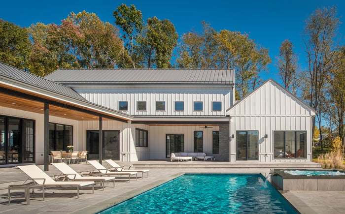 Pool at Modern Farmhouse Style Custom Home by AV Architects and Builders in Great Falls Northern Virginia